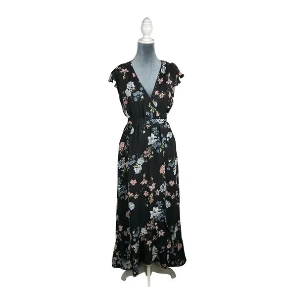 BO.G Collective Floral Wrap Maxi Dress Black/Blue Small With Flutter Sleeves NWT - Picture 7 of 16